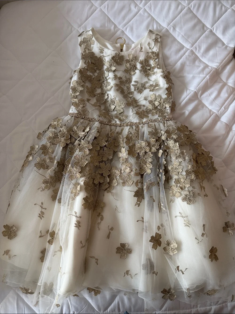 Elegant Ivory and Gold Floral Tulle Dress for Kids